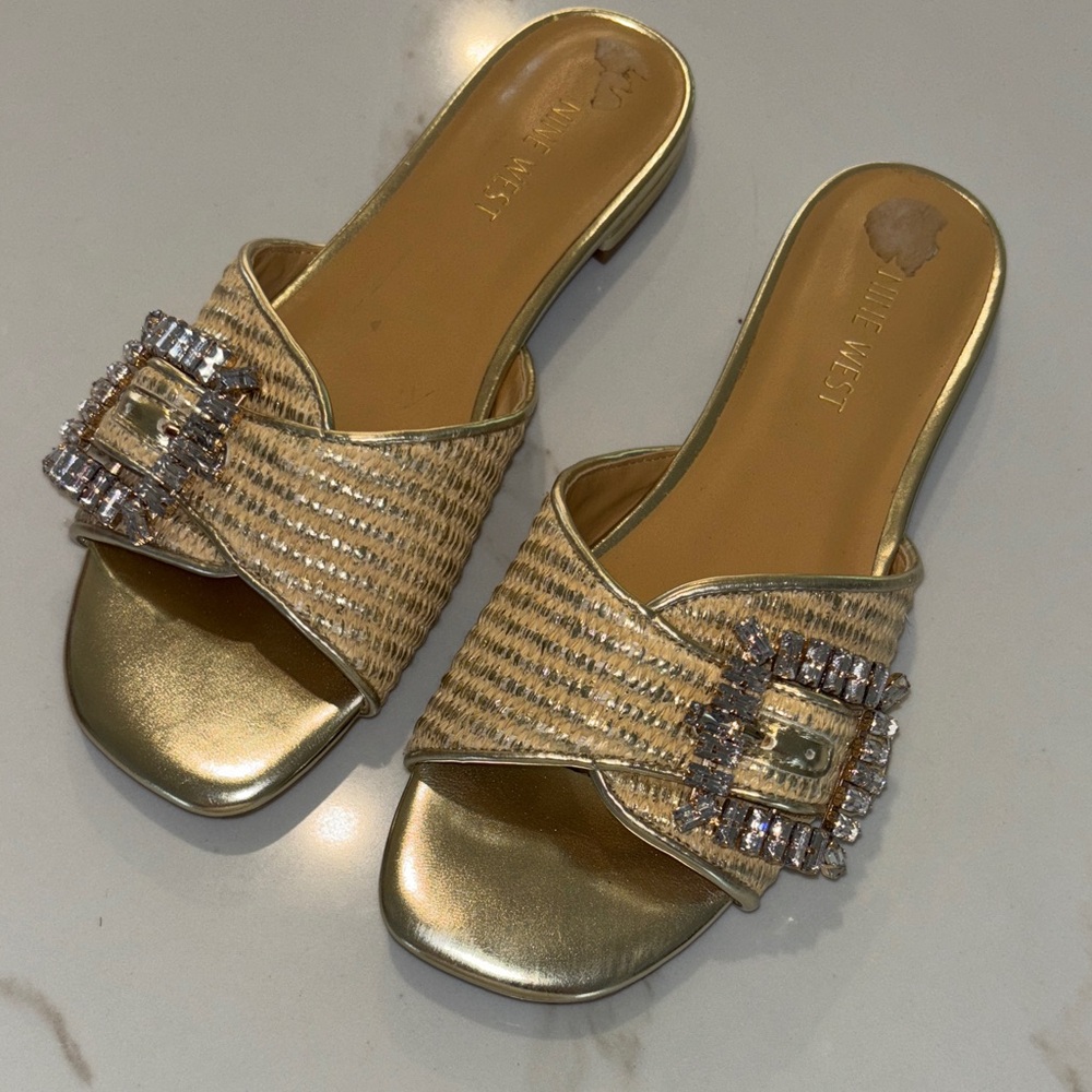 Nine West Gold Embellished Slide Sandals